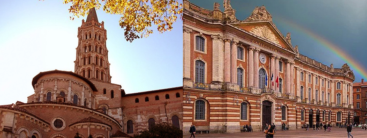 Photographs of Toulouse monuments. Left is he Basilique Saint-Sernain and right the Capitole.